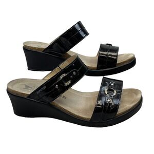 Mephisto Black Patent Leather Rhinestone Wedge Slide Sandals Women 37 Portugal